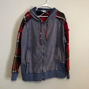 OLI & HALI oversized distressed flannel hoodie tunic mixed fabrics size S/M boho